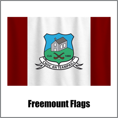 Freemount Flags, featuring the club crest and maroon and white colours; County Cork GAA. ClubFlags.ie.