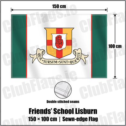 Friends’ School Lisburn 100cm x 150cm Flag (sewn on the edges) with the club crest and colours, Antrim Rugby - ClubFlags.ie