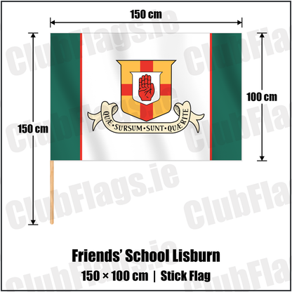 Friends’ School Lisburn 100cm x 150cm Stick Flag with the club crest and colours, Antrim Rugby - ClubFlags.ie