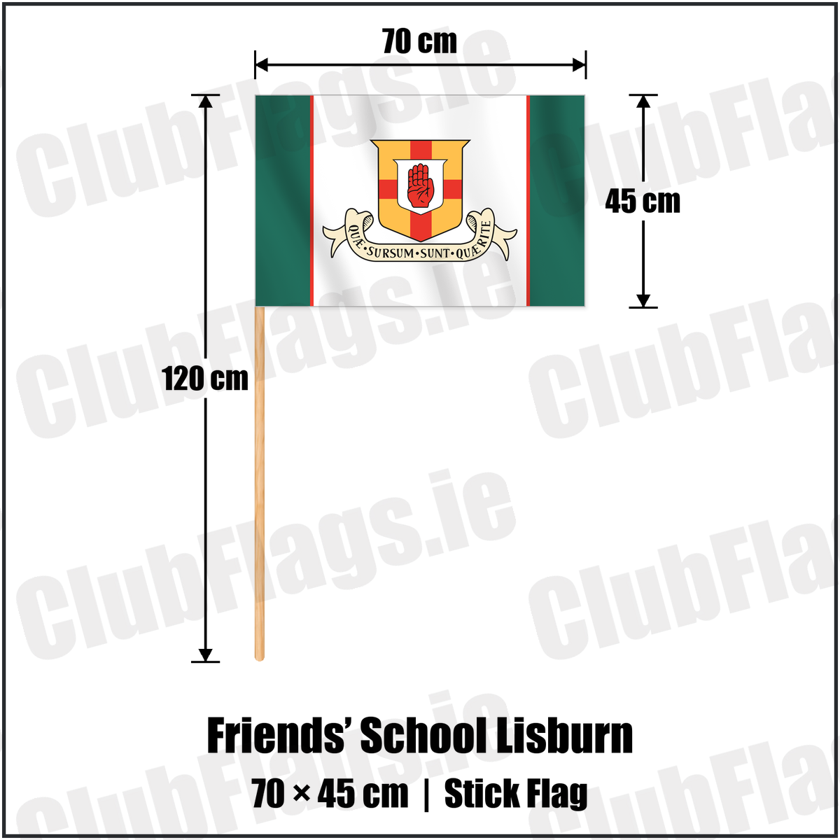 Friends’ School Lisburn 45cm x 70cm Stick Flag with the club crest and colours, Antrim Rugby - ClubFlags.ie