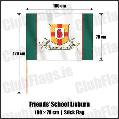 Friends’ School Lisburn 70cm x 100cm Stick Flag with the club crest and colours, Antrim Rugby - ClubFlags.ie