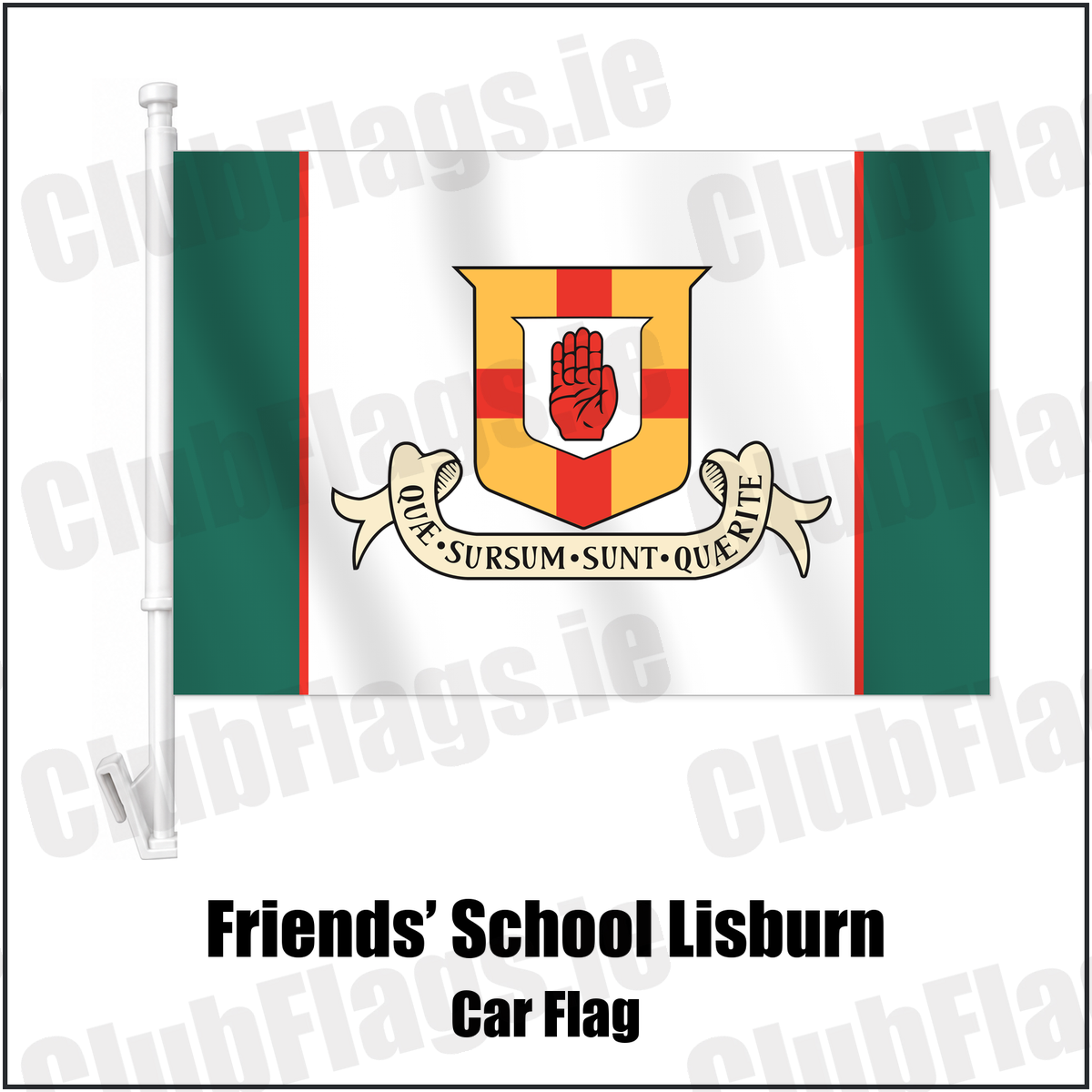 Friends’ School Lisburn Car Flag with the club crest and colours, Antrim Rugby - ClubFlags.ie
