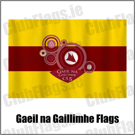 Gaeil na Gaillimhe Flags in gold and maroon, featuring the club crest on realistic fabric with gentle vertical folds; County Galway GAA. ClubFlags.ie.