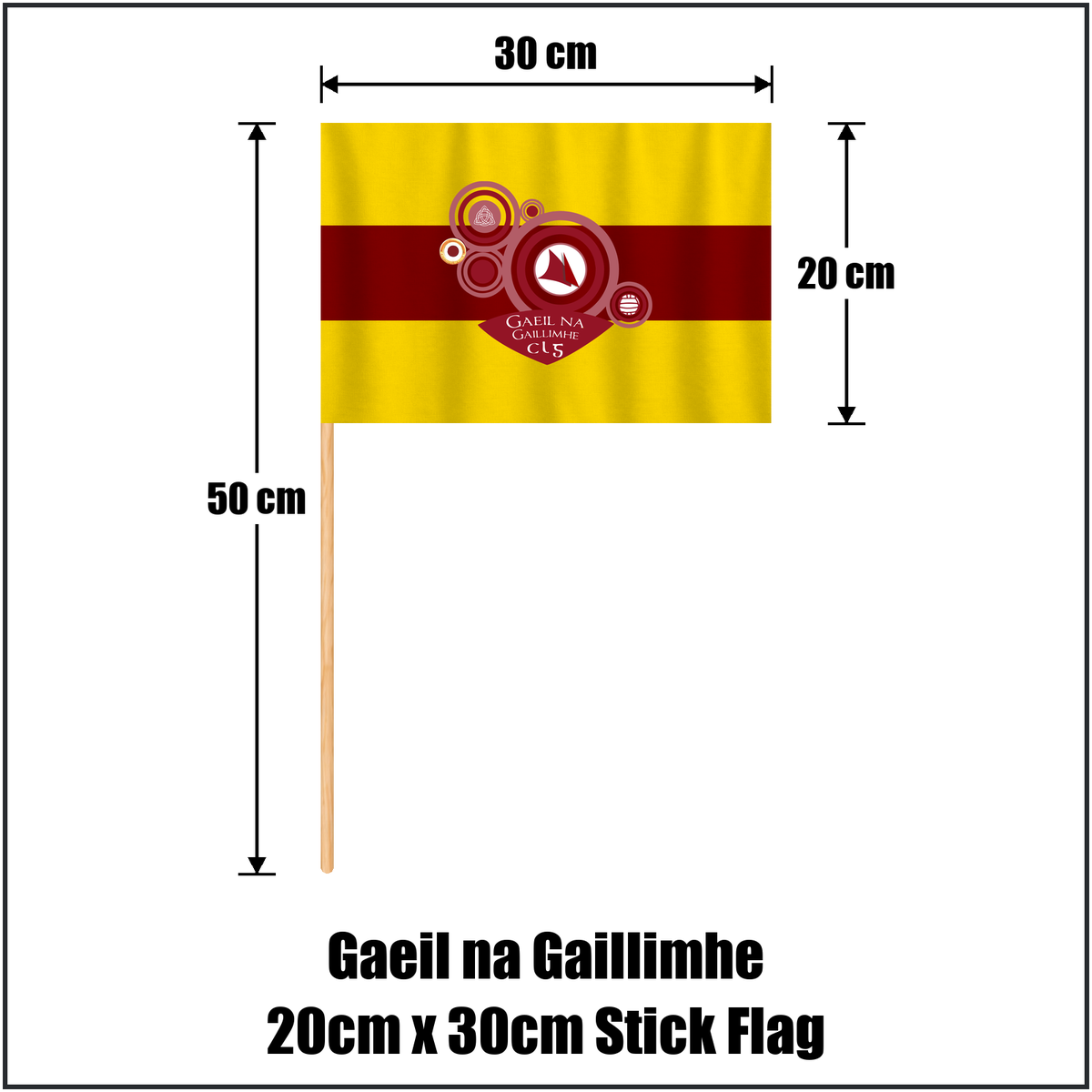 Gaeil na Gaillimhe 20cm x 30cm Stick Flag, featuring the club crest and gold and maroon colours; County Galway GAA. ClubFlags.ie.