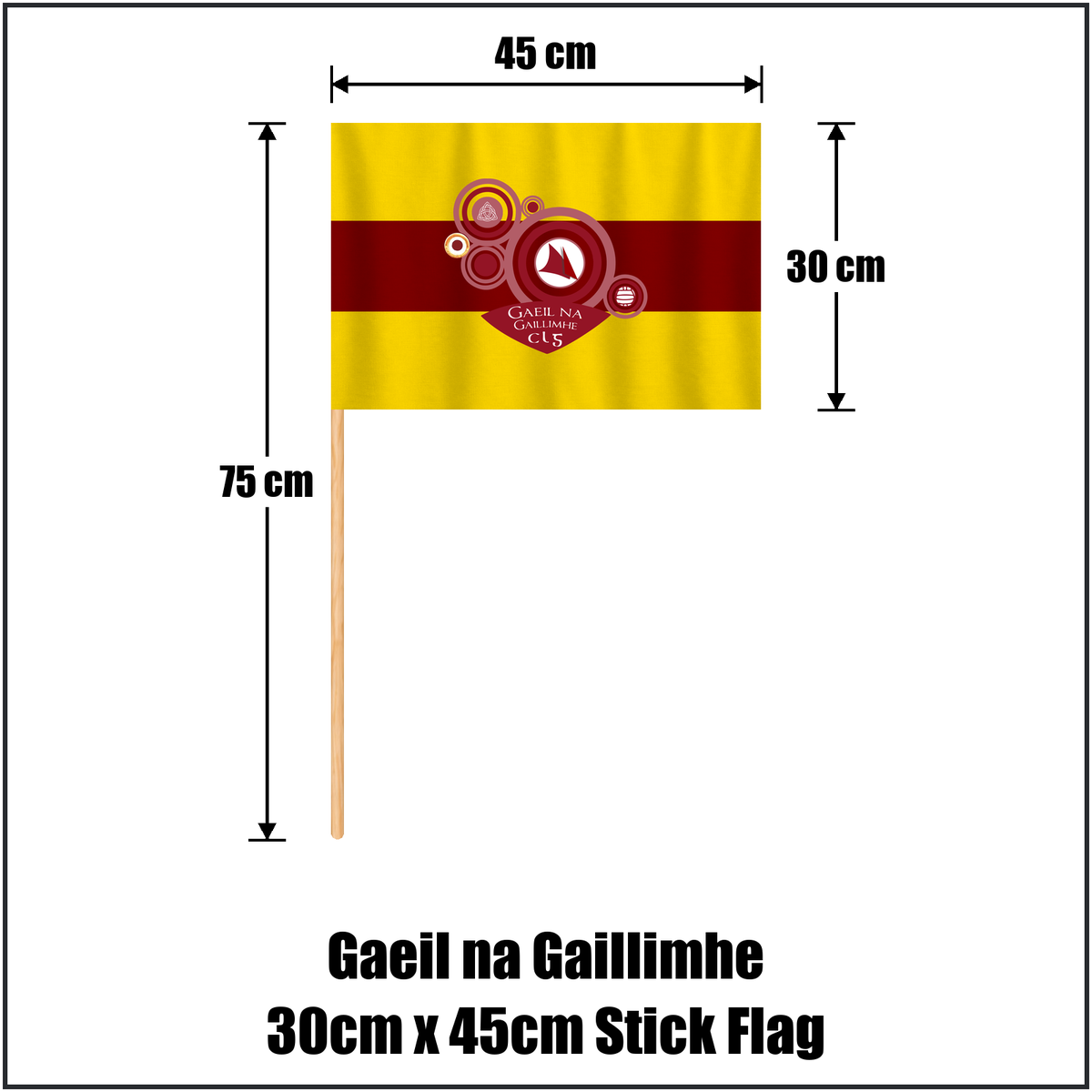 Gaeil na Gaillimhe 30cm x 45cm Stick Flag, featuring the club crest and gold and maroon colours; County Galway GAA. ClubFlags.ie.