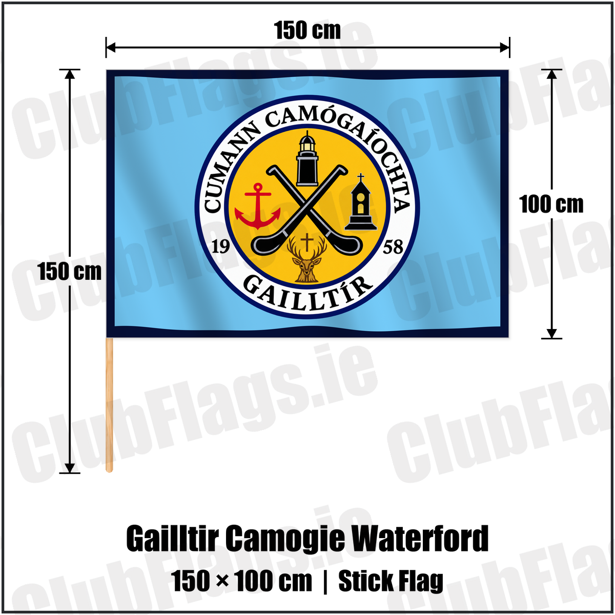 Gailltir Camogie Waterford 100cm x 150cm Stick Flag with the club crest and colours, Waterford GAA - ClubFlags.ie