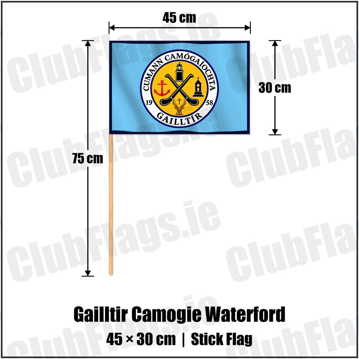 Gailltir Camogie Waterford 30cm x 45cm Stick Flag with the club crest and colours, Waterford GAA - ClubFlags.ie