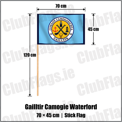 Gailltir Camogie Waterford 45cm x 70cm Stick Flag with the club crest and colours, Waterford GAA - ClubFlags.ie