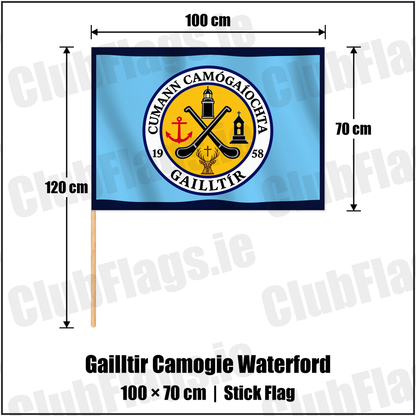 Gailltir Camogie Waterford 70cm x 100cm Stick Flag with the club crest and colours, Waterford GAA - ClubFlags.ie
