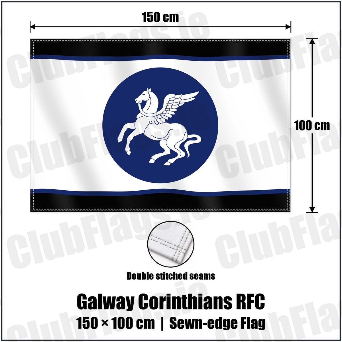 Galway Corinthians RFC 100cm x 150cm Flag (sewn on the edges) with the club crest and colours, Galway Rugby - ClubFlags.ie