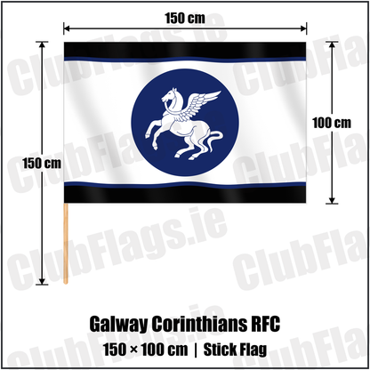 Galway Corinthians RFC 100cm x 150cm Stick Flag with the club crest and colours, Galway Rugby - ClubFlags.ie