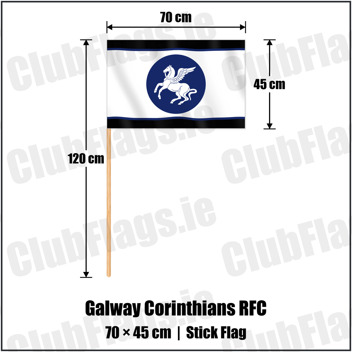 Galway Corinthians RFC 45cm x 70cm Stick Flag with the club crest and colours, Galway Rugby - ClubFlags.ie