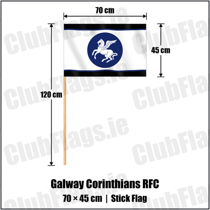 Galway Corinthians RFC 45cm x 70cm Stick Flag with the club crest and colours, Galway Rugby - ClubFlags.ie