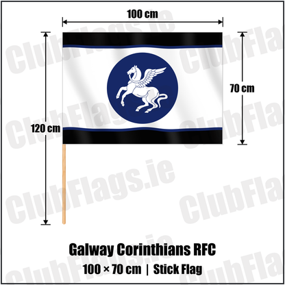 Galway Corinthians RFC 70cm x 100cm Stick Flag with the club crest and colours, Galway Rugby - ClubFlags.ie