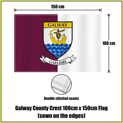 Galway county crest 100 × 150 cm sewn-edge flag in maroon and white, with dimension arrows and a double-stitch seam close-up.