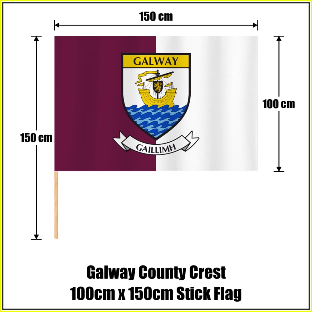 Galway county crest 100 × 150 cm stick flag in maroon and white, with a 150 cm wooden stick and dimension arrows.