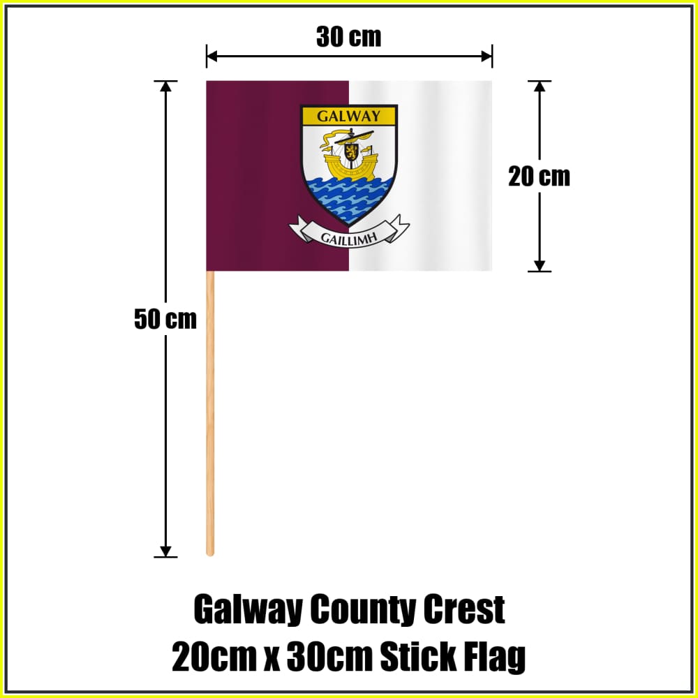 Galway county crest 20 × 30 cm stick flag in maroon and white, with a 50 cm wooden stick and dimension arrows.