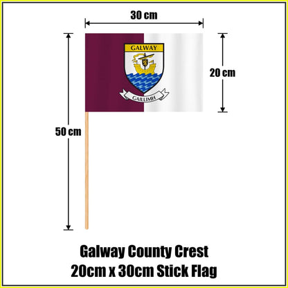 Galway county crest 20 × 30 cm stick flag in maroon and white, with a 50 cm wooden stick and dimension arrows.
