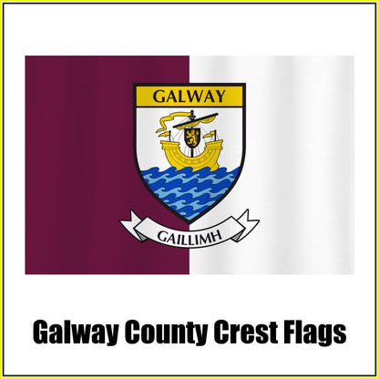 Galway county crest flag in maroon and white, with county name and crest.