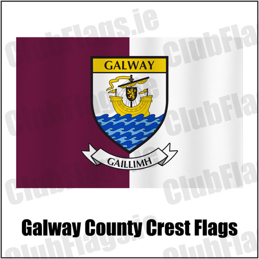 Galway county crest flag in maroon and white, with county name and crest.