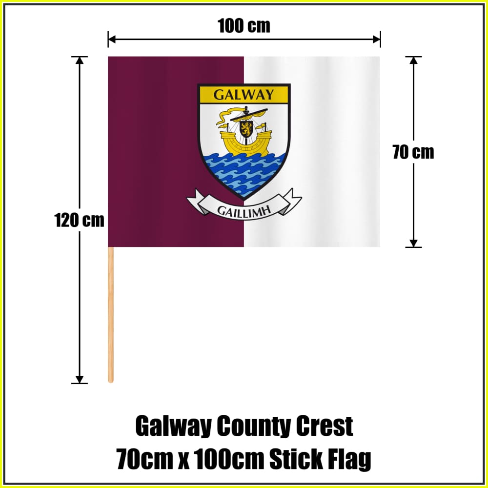 Galway county crest 70 × 100 cm stick flag in maroon and white, with a 120 cm wooden stick and dimension arrows.