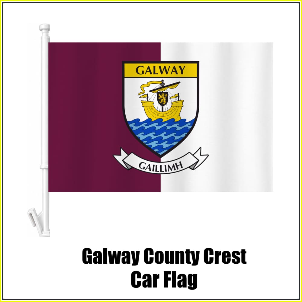 Galway county crest car flag in maroon and white, on a white plastic window mount.