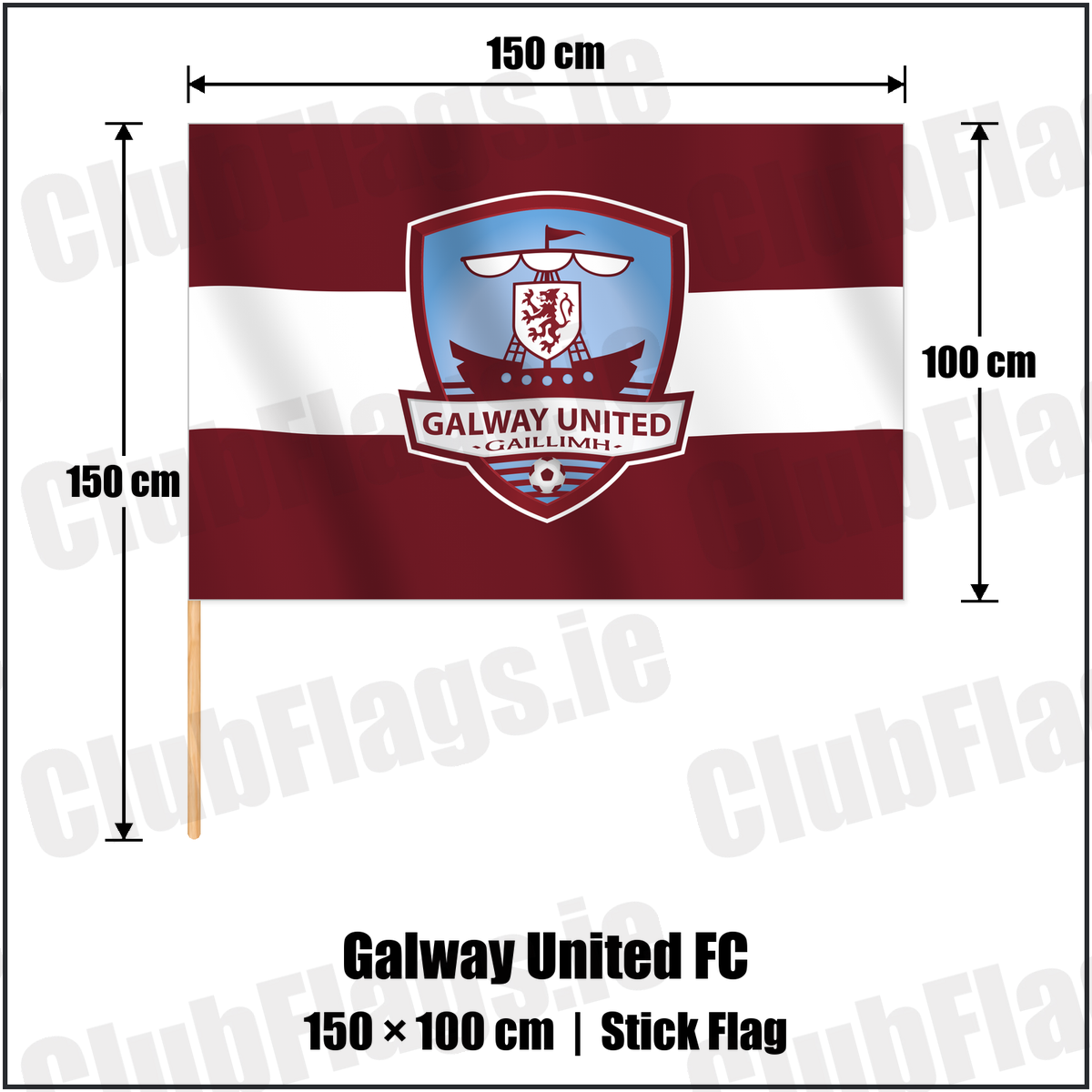 Galway United FC 100cm x 150cm Stick Flag with the verified club crest and colours, Galway Football - ClubFlags.ie