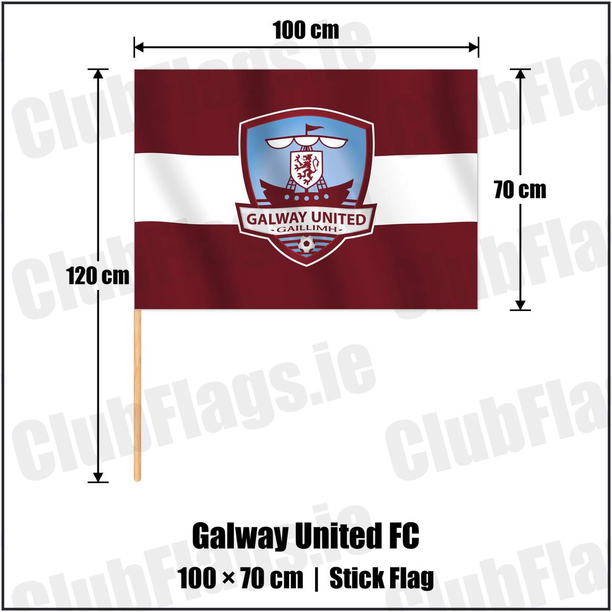 Galway United FC 70cm x 100cm Stick Flag with the verified club crest and colours, Galway Football - ClubFlags.ie