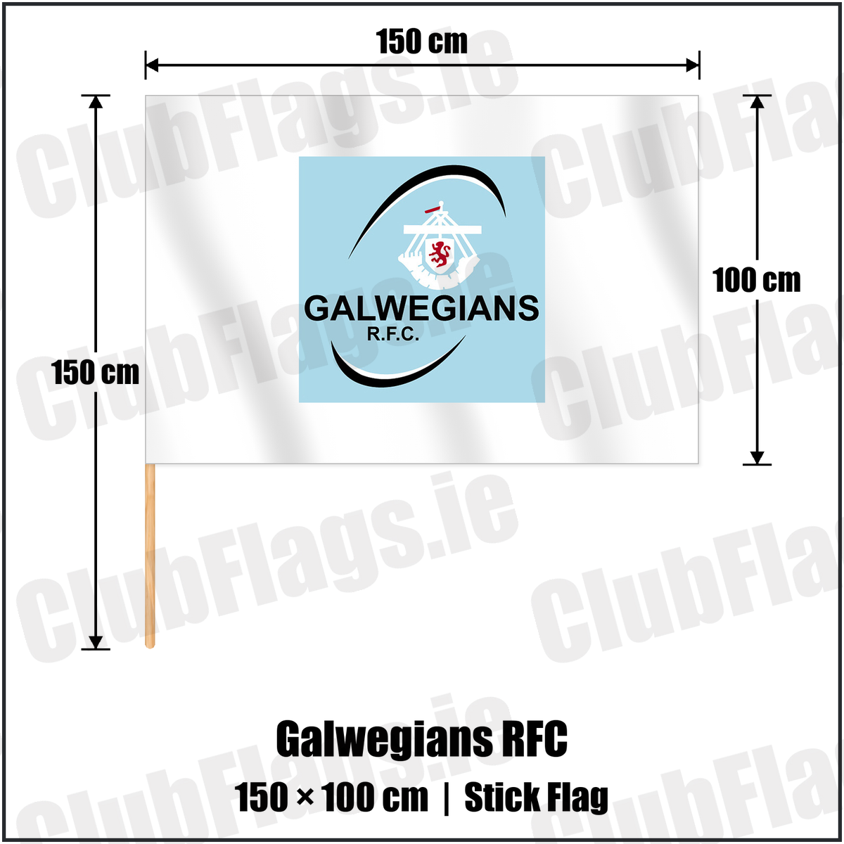 Galwegians RFC 100cm x 150cm Stick Flag with the club crest and colours, Galway Rugby - ClubFlags.ie
