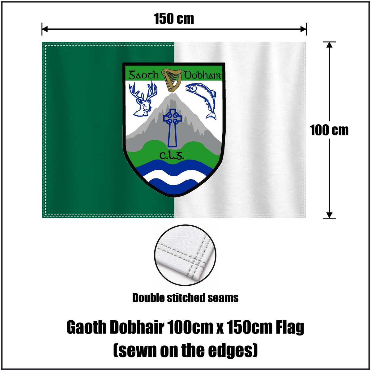 Gaoth Dobhair 100cm x 150cm Flag (sewn on the edges), featuring the club crest and green and white colours; County Donegal GAA. ClubFlags.ie.