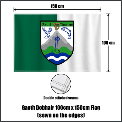 Gaoth Dobhair 100cm x 150cm Flag (sewn on the edges), featuring the club crest and green and white colours; County Donegal GAA. ClubFlags.ie.