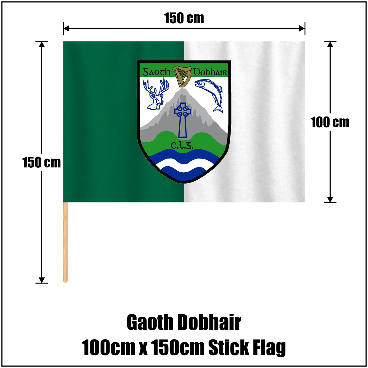 Gaoth Dobhair 100cm x 150cm Stick Flag, featuring the club crest and green and white colours; County Donegal GAA. ClubFlags.ie.