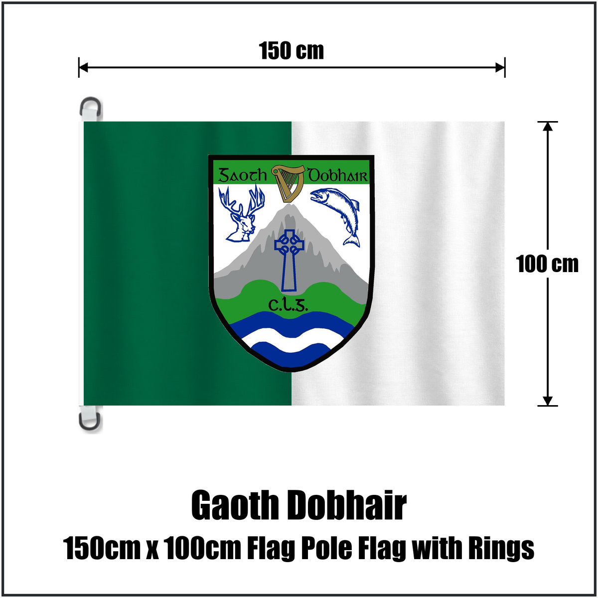 Gaoth Dobhair 150cm x 100cm Flag Pole Flag with Rings, featuring the club crest and green and white colours; County Donegal GAA. ClubFlags.ie.