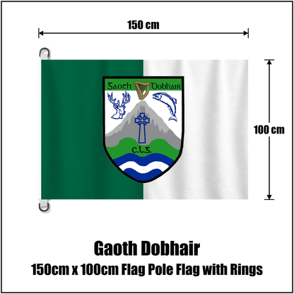Gaoth Dobhair 150cm x 100cm Flag Pole Flag with Rings, featuring the club crest and green and white colours; County Donegal GAA. ClubFlags.ie.