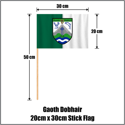 Gaoth Dobhair 20cm x 30cm Stick Flag, featuring the club crest and green and white colours; County Donegal GAA. ClubFlags.ie.