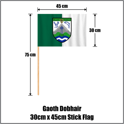 Gaoth Dobhair 30cm x 45cm Stick Flag, featuring the club crest and green and white colours; County Donegal GAA. ClubFlags.ie.