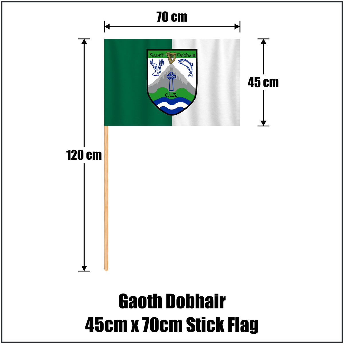 Gaoth Dobhair 45cm x 70cm Stick Flag, featuring the club crest and green and white colours; County Donegal GAA. ClubFlags.ie.