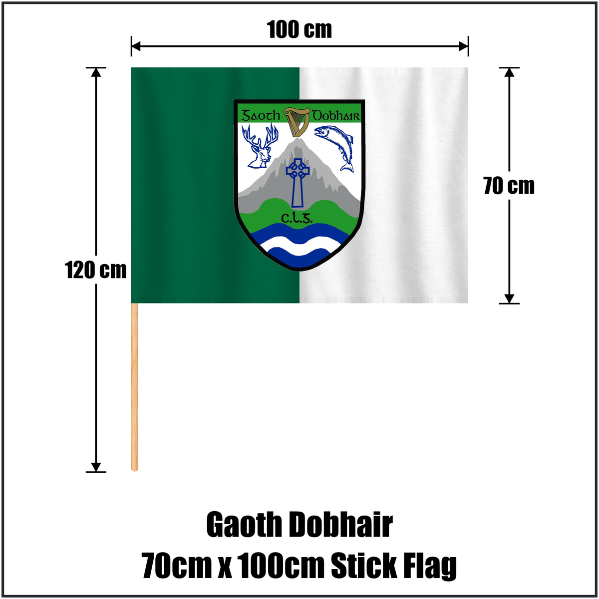 Gaoth Dobhair 70cm x 100cm Stick Flag, featuring the club crest and green and white colours; County Donegal GAA. ClubFlags.ie.