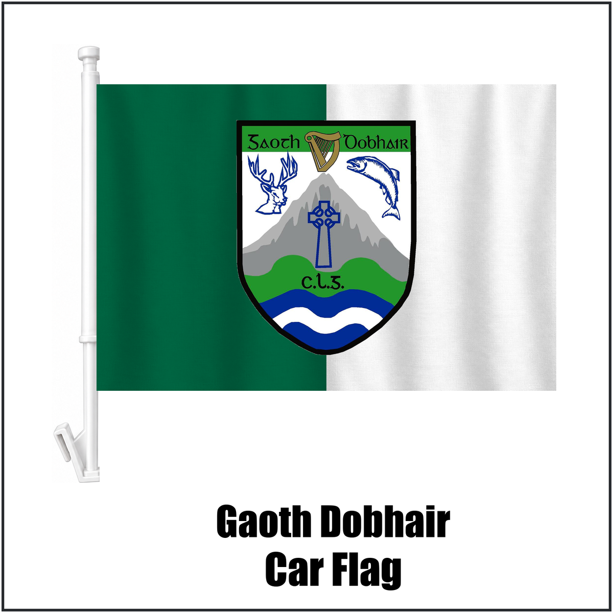 Gaoth Dobhair Car Flag, featuring the club crest and green and white colours; County Donegal GAA. ClubFlags.ie.