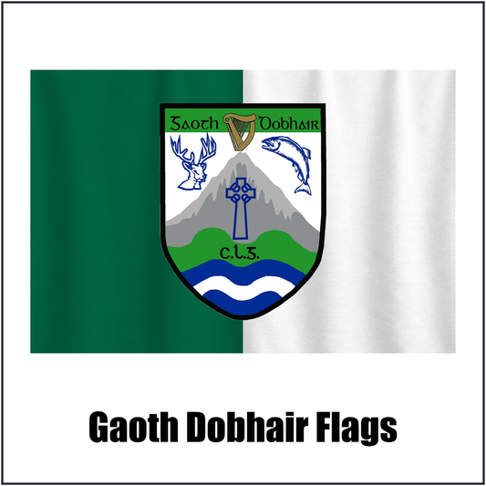 Gaoth Dobhair Flags, featuring the club crest and green and white colours; County Donegal GAA. ClubFlags.ie.