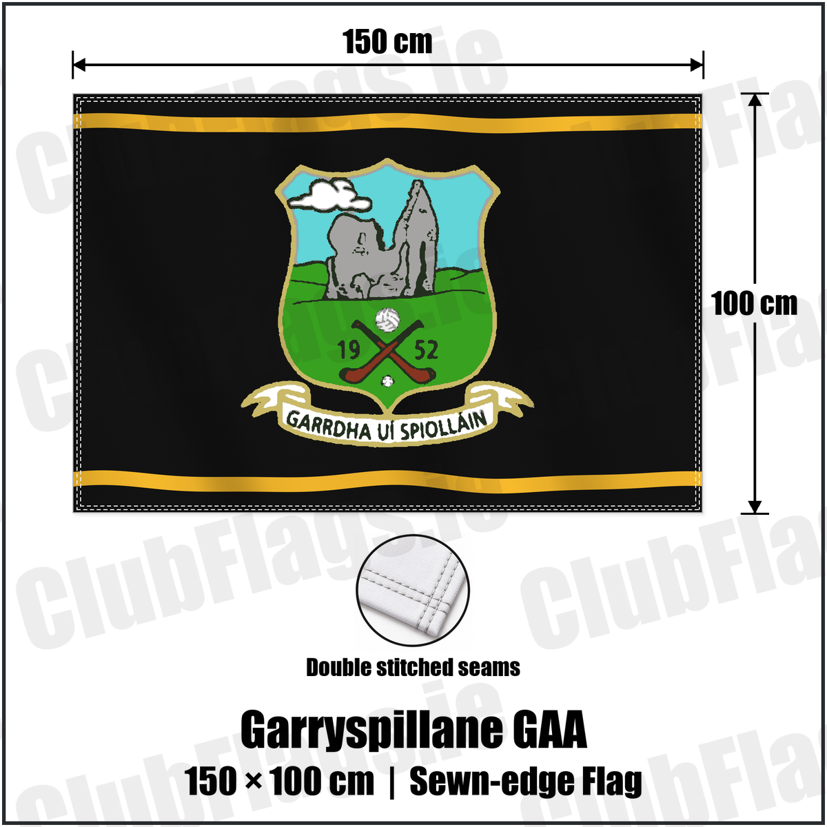 Garryspillane GAA 100cm x 150cm Flag (sewn on the edges) with the club crest and colours, Limerick GAA - ClubFlags.ie