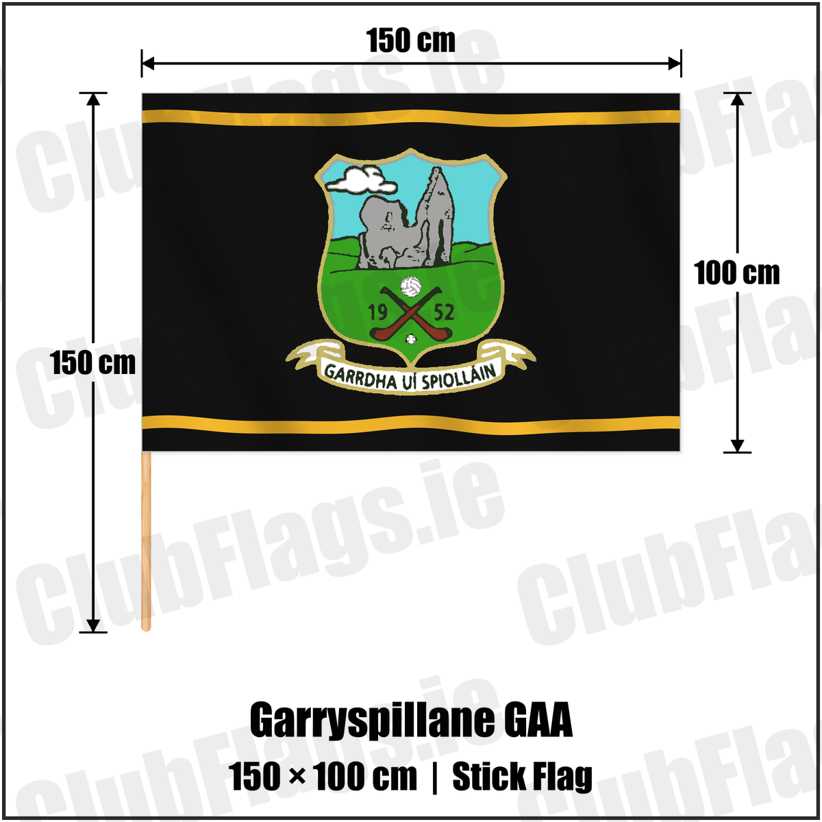 Garryspillane GAA 100cm x 150cm Stick Flag with the club crest and colours, Limerick GAA - ClubFlags.ie