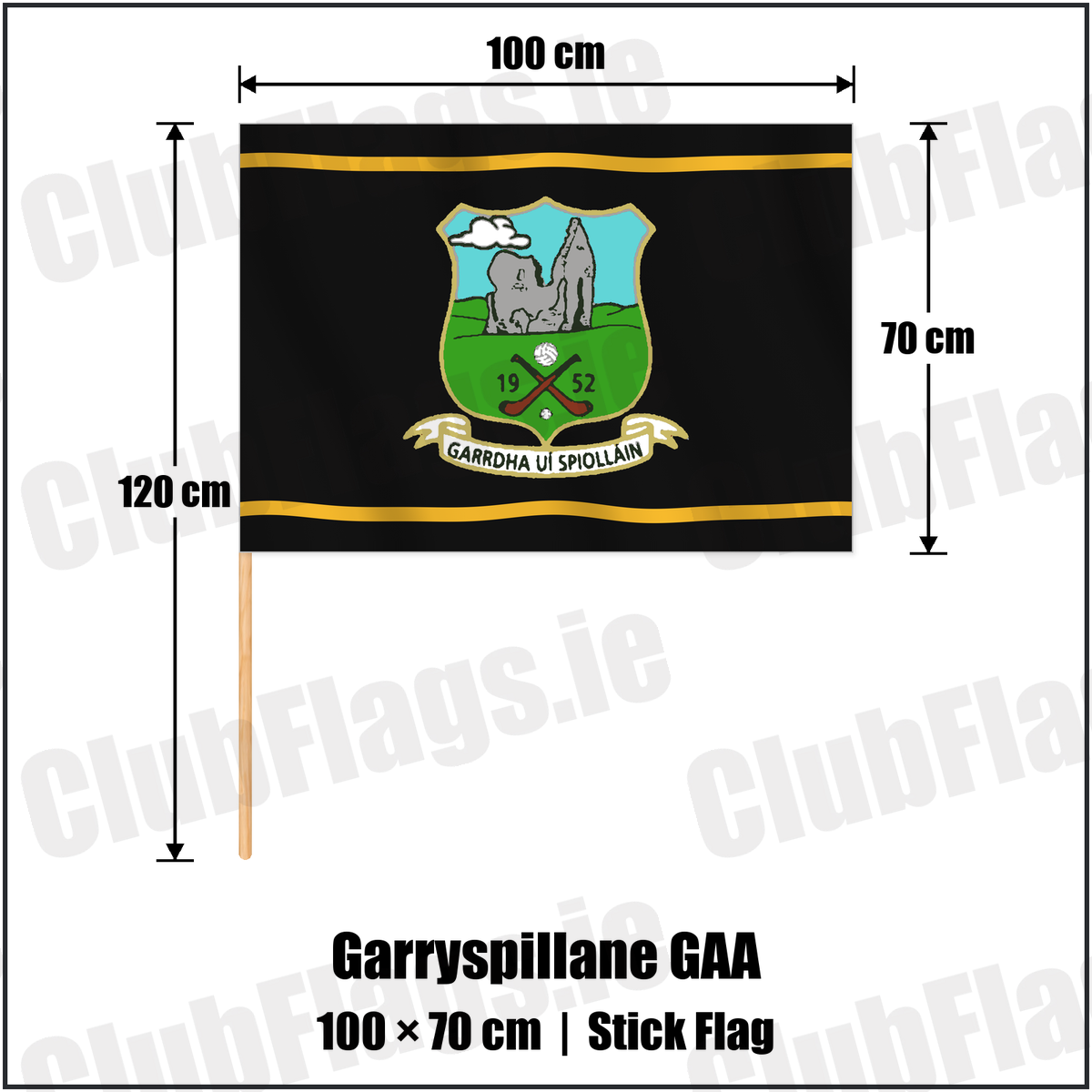 Garryspillane GAA 70cm x 100cm Stick Flag with the club crest and colours, Limerick GAA - ClubFlags.ie