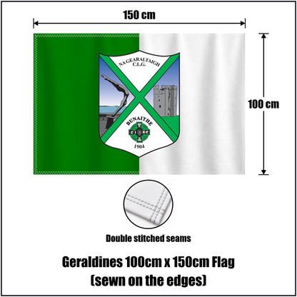 Geraldines 100cm x 150cm Flag (sewn on the edges), featuring the club crest and green and white colours; County Louth GAA. ClubFlags.ie.