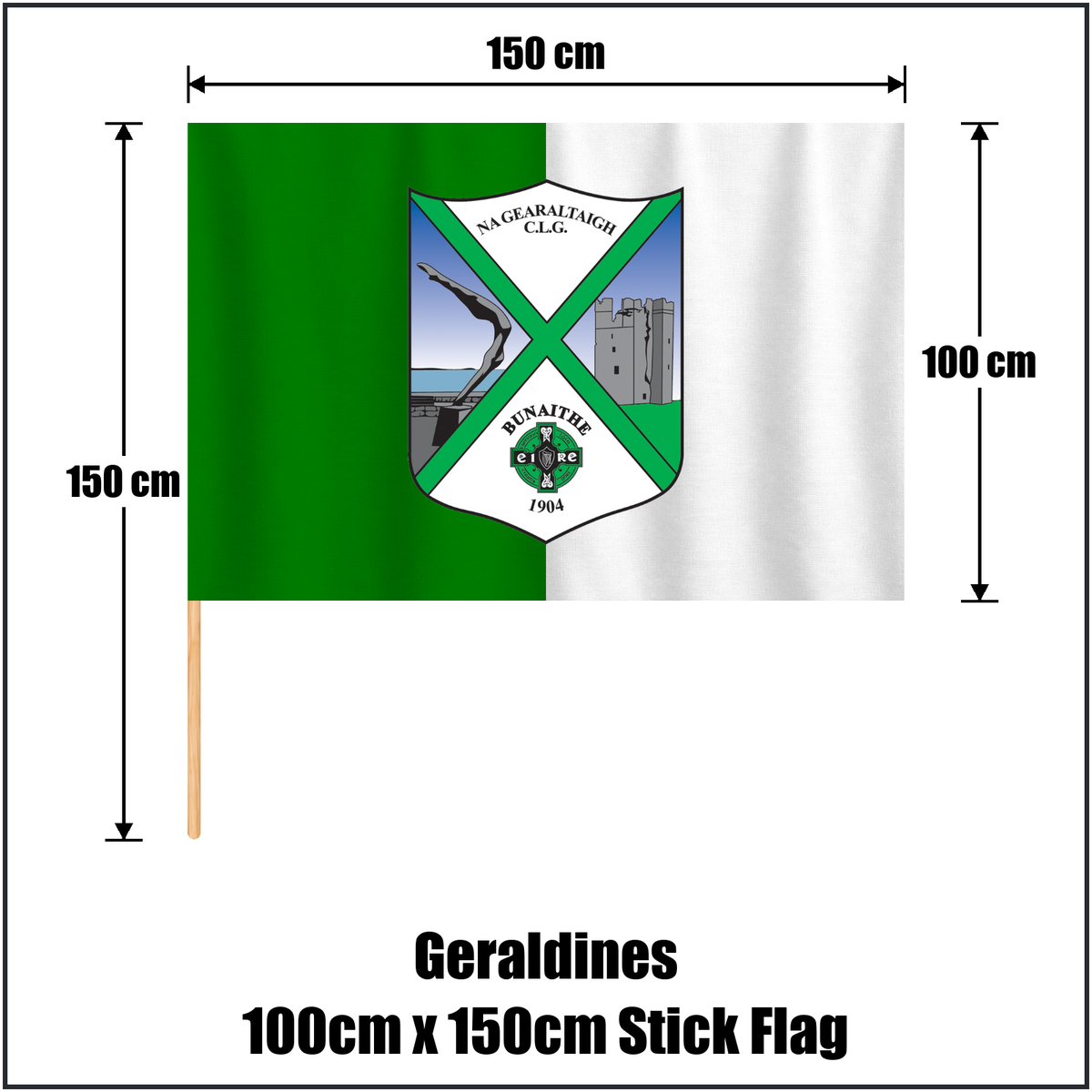 Geraldines 100cm x 150cm Stick Flag, featuring the club crest and green and white colours; County Louth GAA. ClubFlags.ie.
