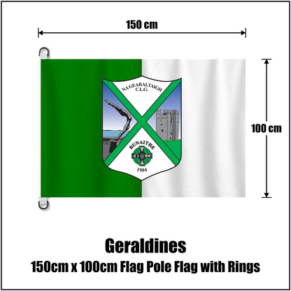Geraldines 150cm x 100cm Flag Pole Flag with Rings, featuring the club crest and green and white colours; County Louth GAA. ClubFlags.ie.