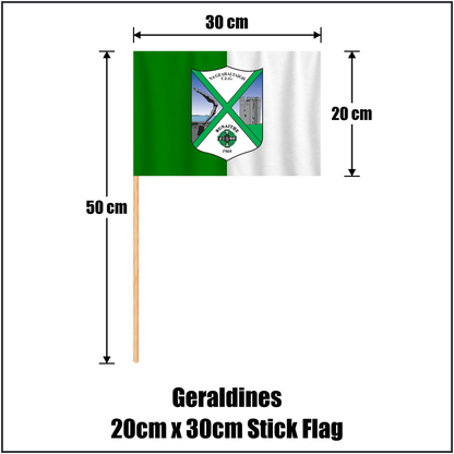 Geraldines 20cm x 30cm Stick Flag, featuring the club crest and green and white colours; County Louth GAA. ClubFlags.ie.