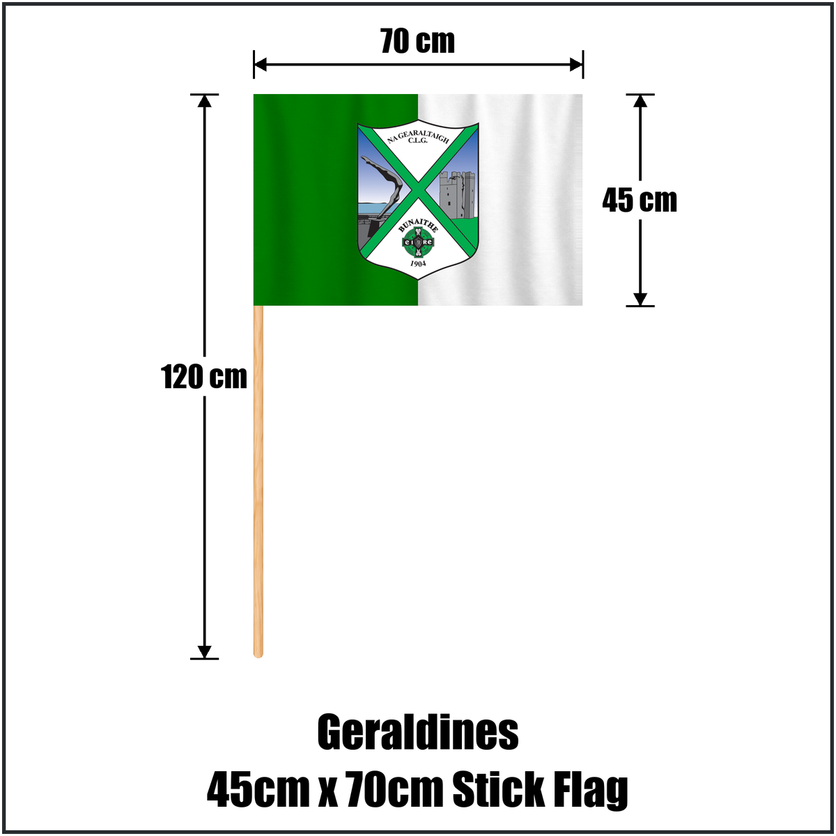 Geraldines 45cm x 70cm Stick Flag, featuring the club crest and green and white colours; County Louth GAA. ClubFlags.ie.