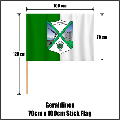 Geraldines 70cm x 100cm Stick Flag, featuring the club crest and green and white colours; County Louth GAA. ClubFlags.ie.
