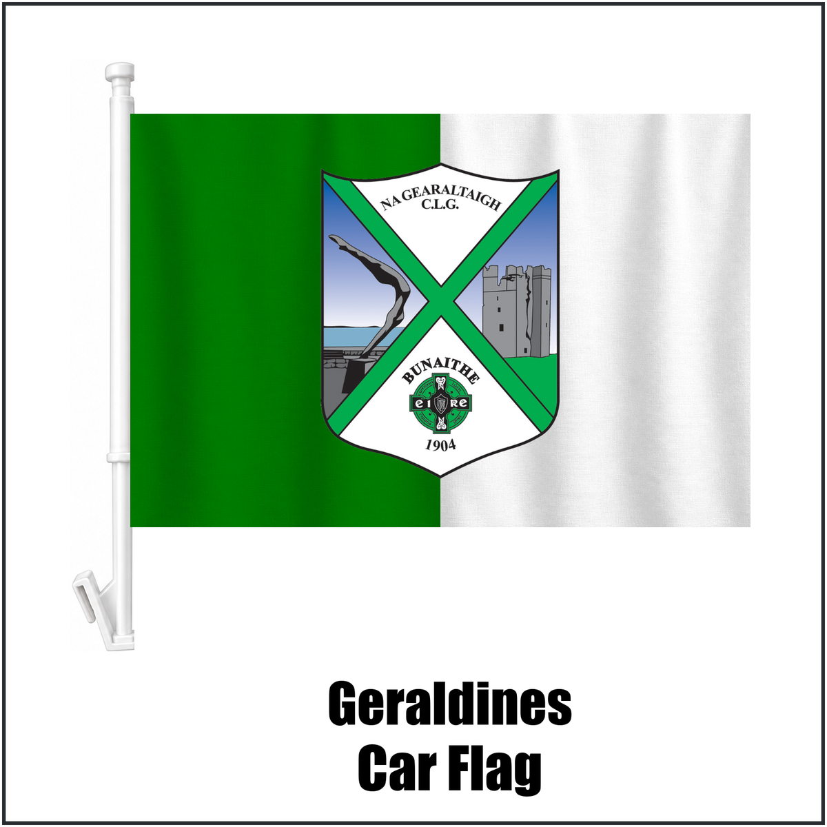Geraldines Car Flag, featuring the club crest and green and white colours; County Louth GAA. ClubFlags.ie.